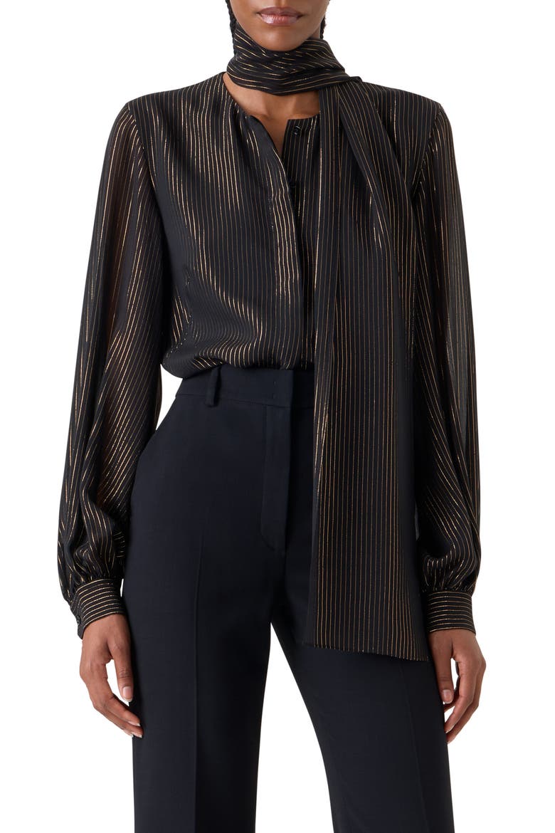 Metallic Stripe Silk Georgette Scarf Button-Up Shirt, Main, color, BLACK-GOLD