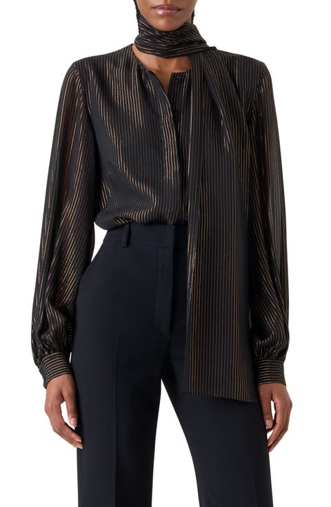 Metallic Stripe Silk Georgette Scarf Button-Up Shirt