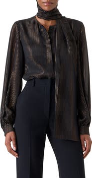 Akris Metallic Stripe Silk Georgette Scarf Button-Up Shirt