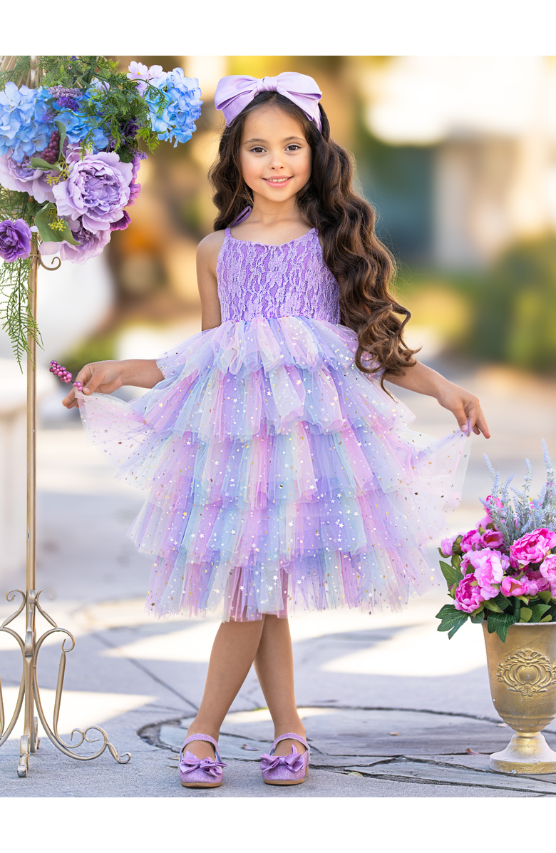 Mia Belle Girls Springtime Fairy Lace and Stars Tiered Girls Tutu Dress, Alternate, color, Purple
