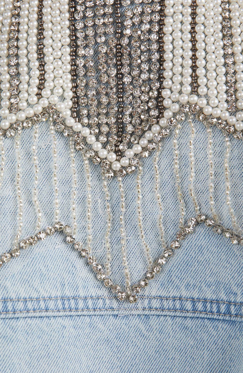 VICI Collection Delanie Imitation Pearl & Rhinestone Detail Denim Trucker Jacket, Alternate, color, 