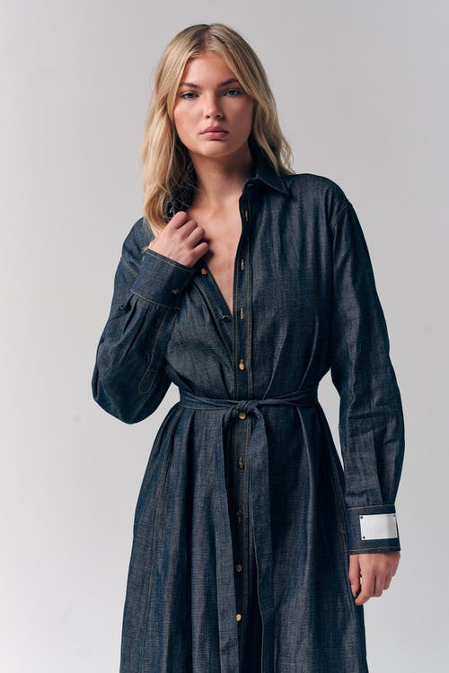 Le Fafo Maxi Belted Denim Shirtdress In Green