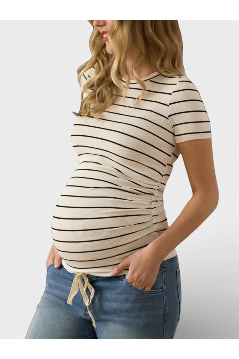 Women's Crew Neck Side-Ruched Maternity Short Sleeve Top, Alternate, color, Vanilla & Black Stripe