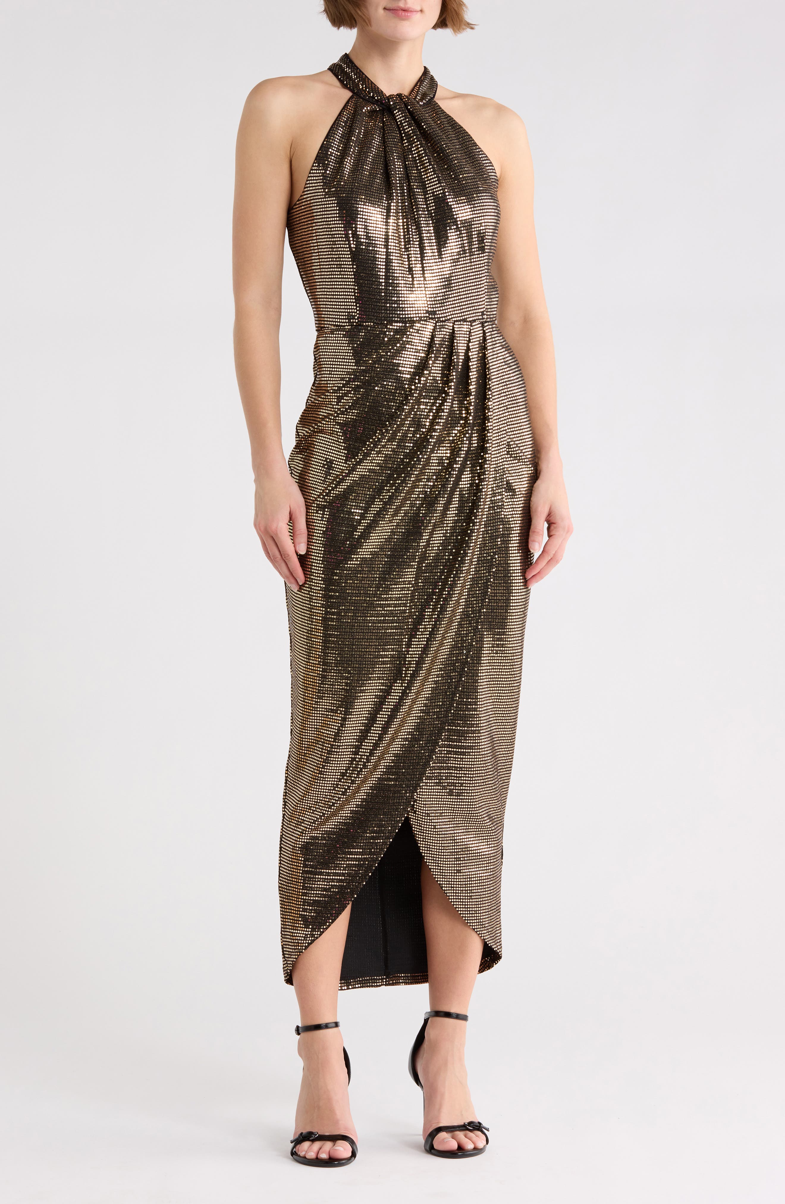 Julia Jordan Knot Neck Tulip Hem Metallic Dress