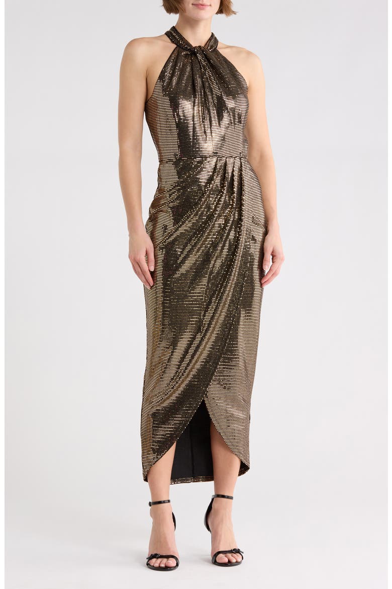 Knot Neck Tulip Hem Metallic Dress, Main, color, BLACK GOLD