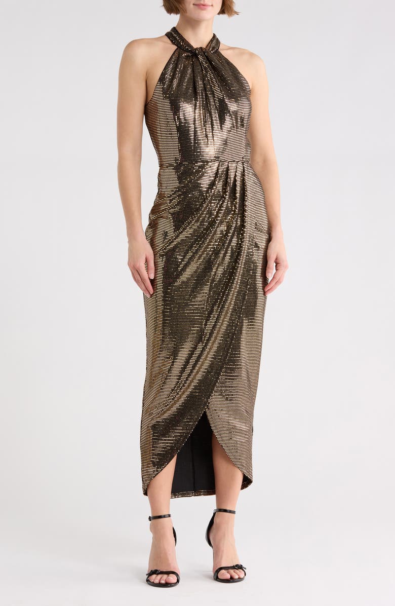 Julia Jordan Knot Neck Tulip Hem Metallic Dress, Main, color, Black Gold