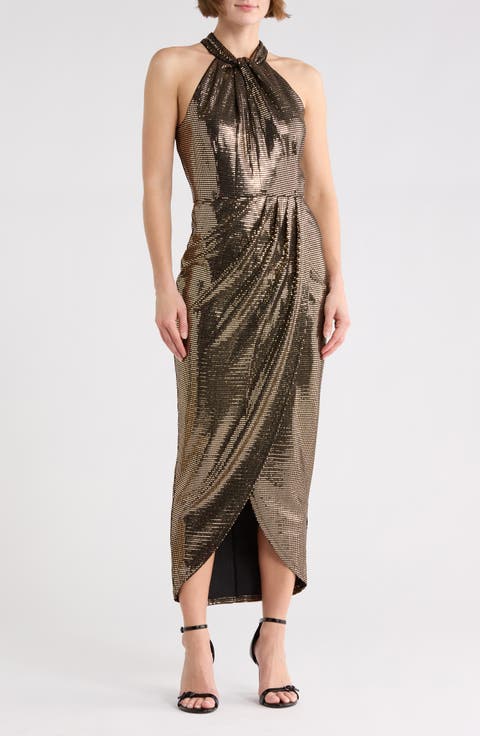 Knot Neck Tulip Hem Metallic Dress