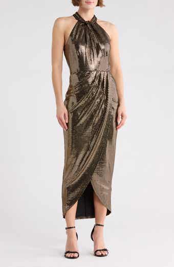 Julia Jordan Knot Neck Tulip Hem Metallic Dress