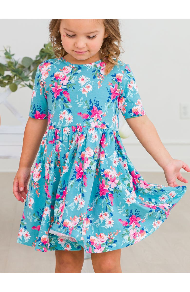 RuffleButts Knit Short Sleeve Twirl Dress, Alternate, color, Fancy Me Floral