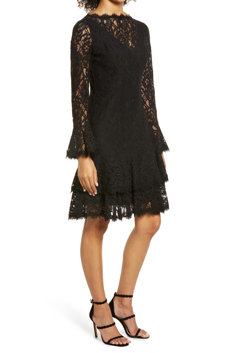 Long Sleeve Tiered Lace Dress, Alternate, color, BLACK