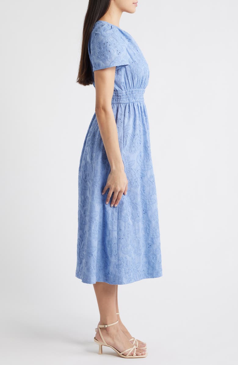 Anne Klein Embroidered Short Sleeve Cotton Midi Dress, Alternate, color, Surf Blue