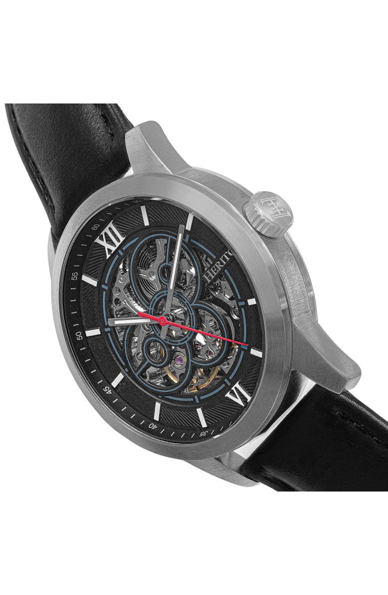 Heritor Automatic Jonas Leather-Band Skeleton Watch, Alternate, color, Silver/Black