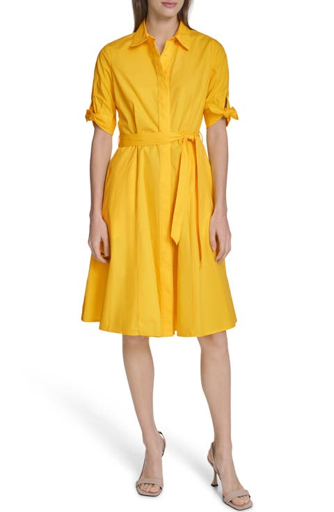 Solid Cotton Shoulder Tie Shirtdress