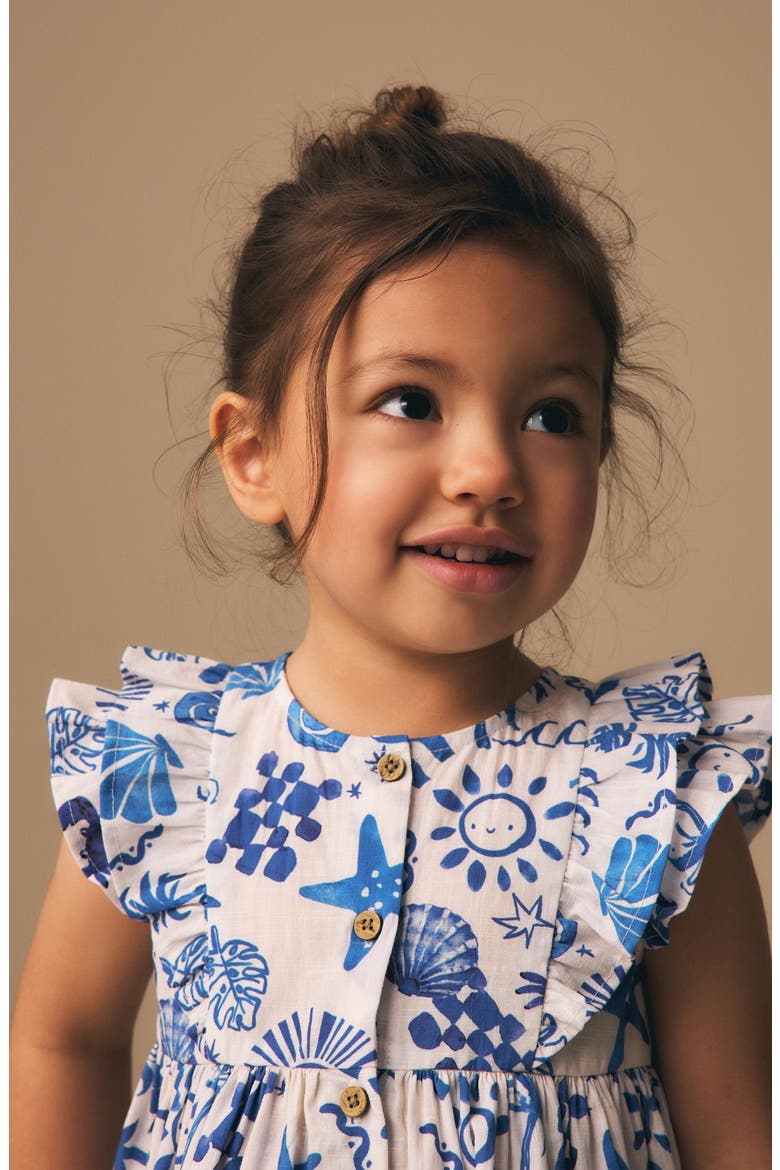 Kids' Seaside Print Ruffle Button Front Cotton Dress, Alternate, color, BLUE