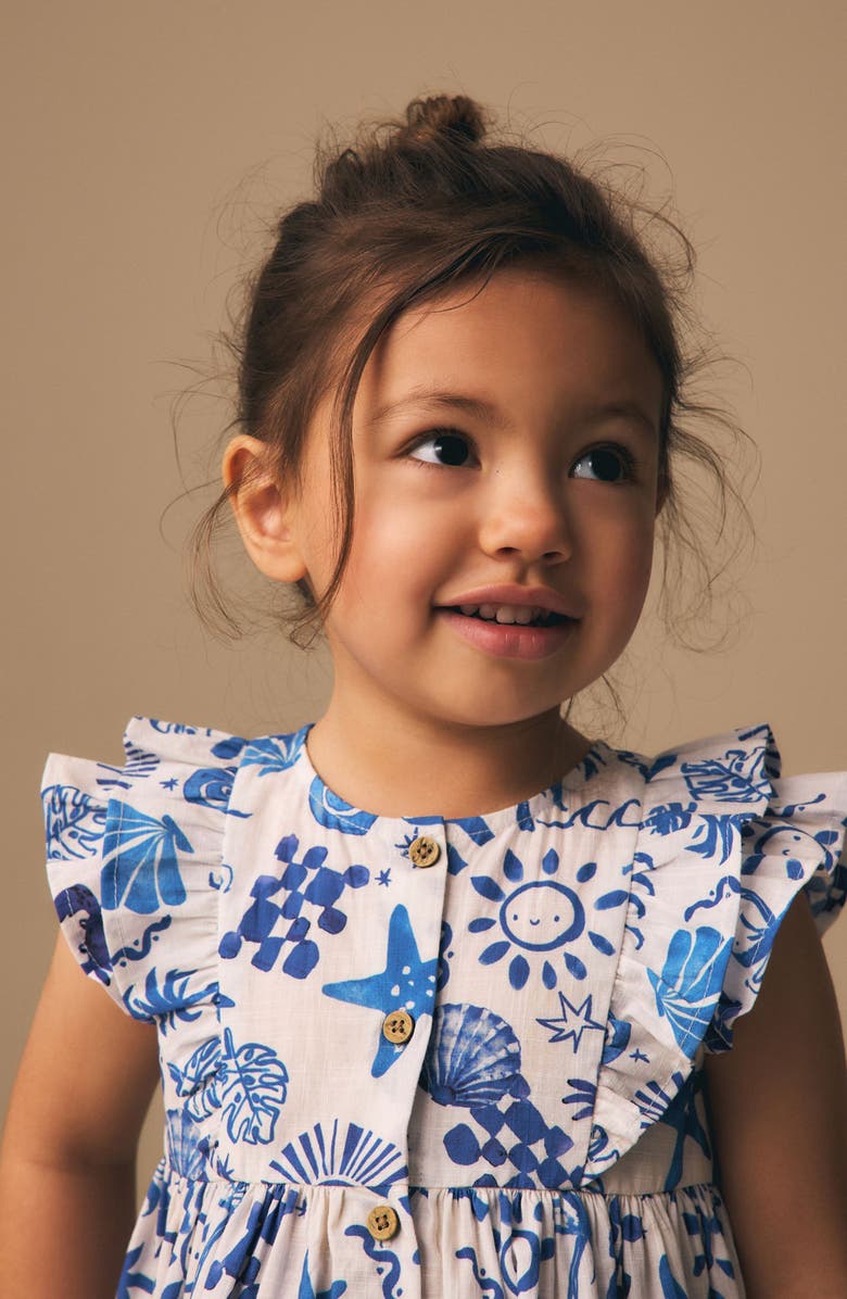 NEXT Kids' Seaside Print Ruffle Button Front Cotton Dress, Alternate, color, Blue
