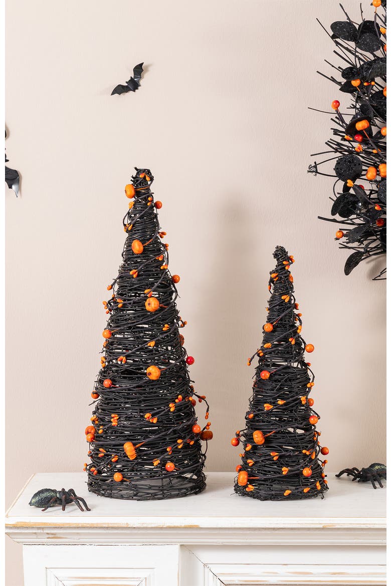 Set of 2 Halloween Eucalyptus With Bats Pumpkin Cone Table Trees, Alternate, color, Black