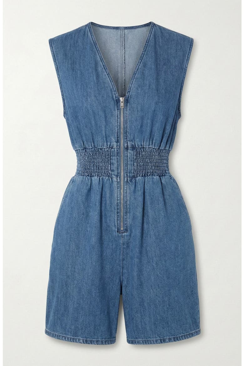 Denim Cap Sleeve Smocked Romper, Alternate, color, Medium Wash Blue