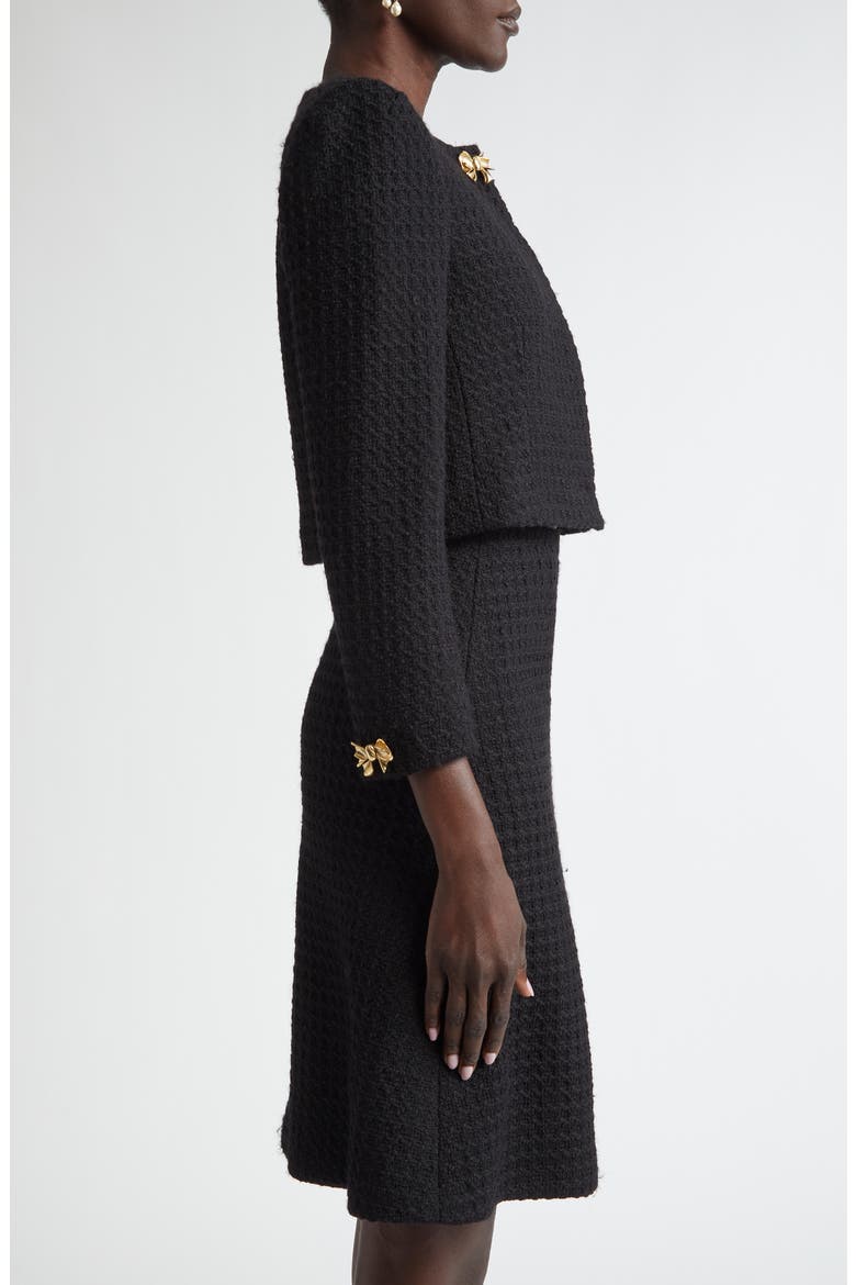 Bow Detail Wool Tweed Crop Jacket, Alternate, color, BLACK
