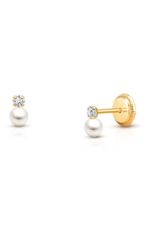 14K Gold 3mm Pearl Drop Studs Screw Back Earrings