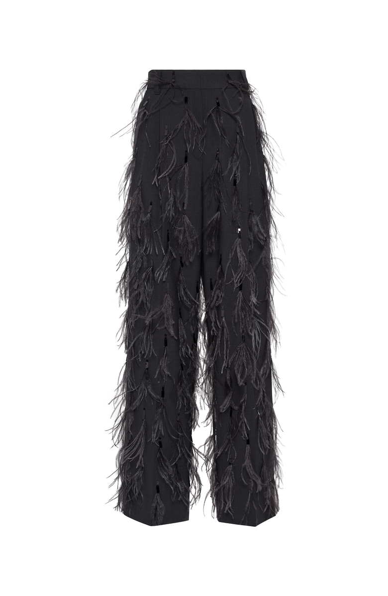 Brunello Cucinelli Tropical luxury wool tailored relaxed trousers with dazzling feather embroidery, Main, color,