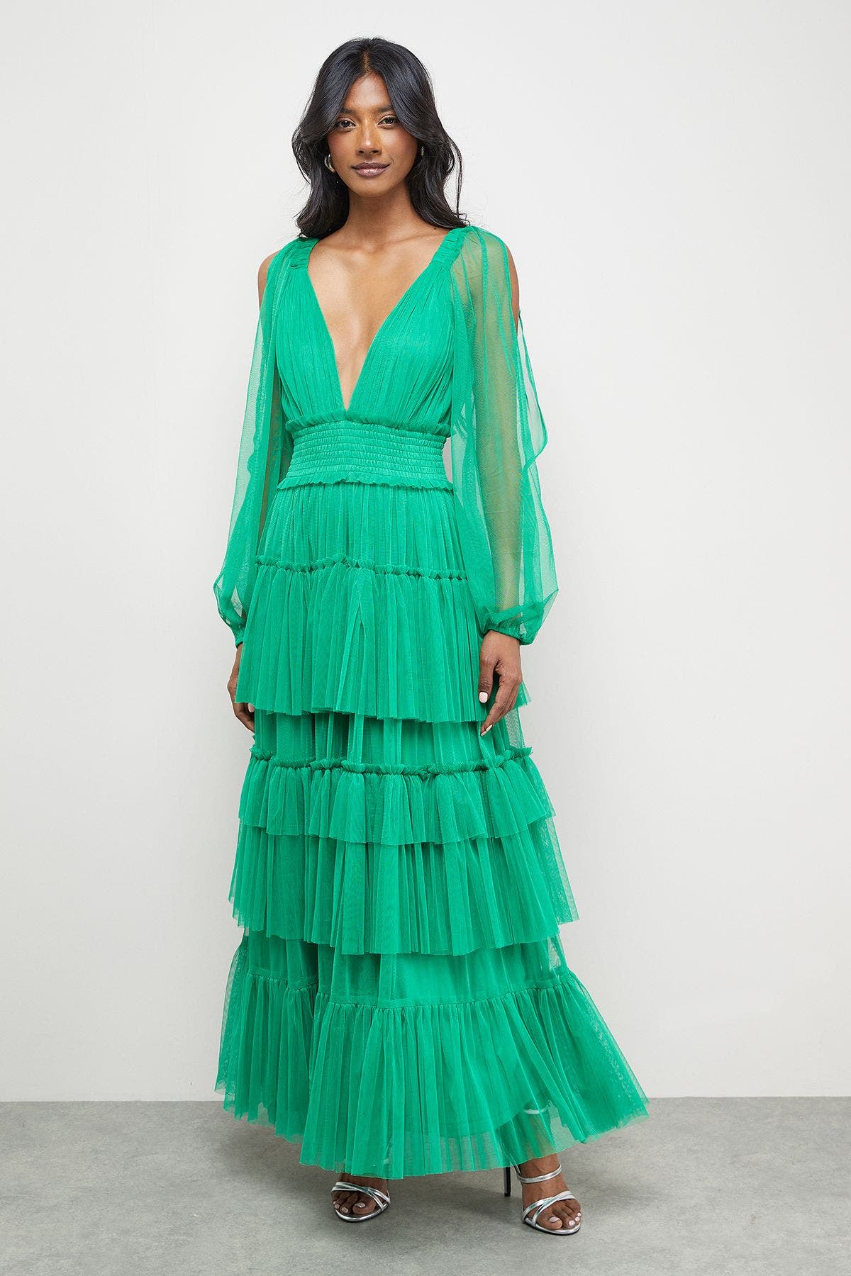 Warehouse Cinched Waist Maxi Dress In Green