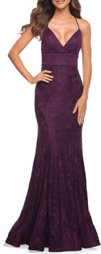 La Femme Stretch Lace Gown with Flattering Seams at Waist