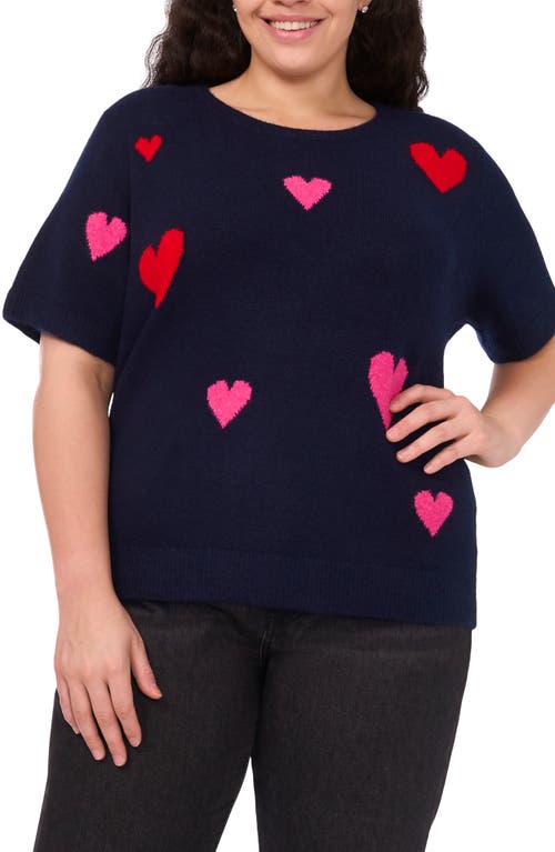 Cece All Over Heart Short Sleeve Sweater In Blue