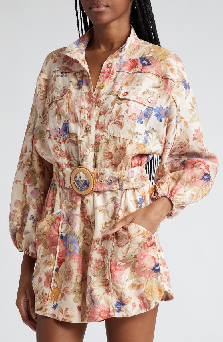 Zimmermann August Floral Print Belted Long Sleeve Linen Romper, Alternate, color, 