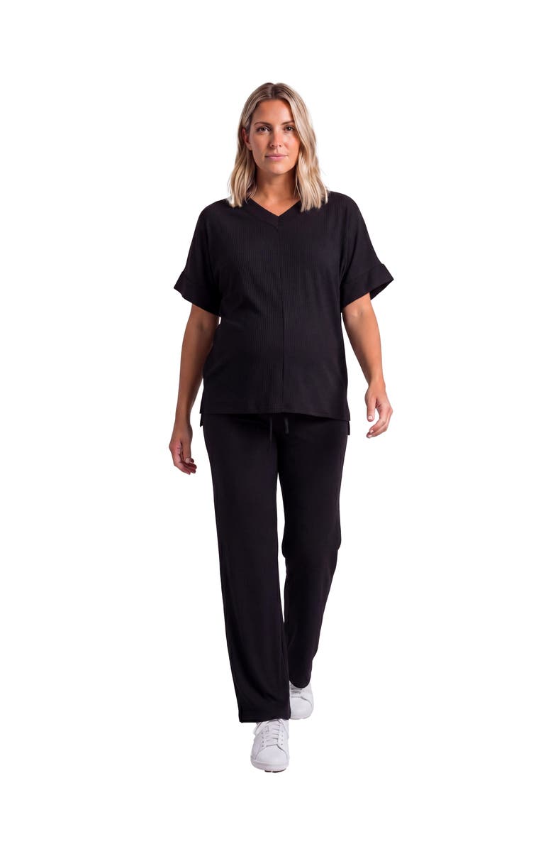 24seven Comfort Apparel Maternity Basic Ribbed Knit Dolman Sleeve V-Neck Top and Drawstring Wide Leg Pant Set, Main, color, Black