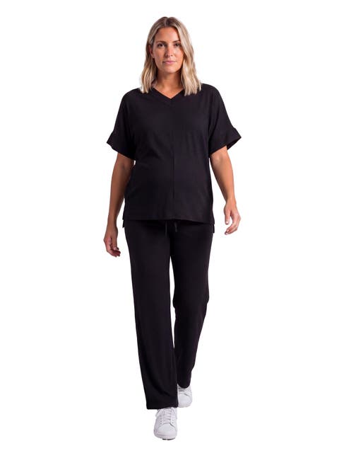 Maternity Basic Ribbed Knit Dolman Sleeve V-Neck Top and Drawstring Wide Leg Pant Set