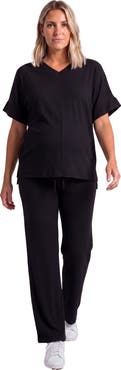 24seven Comfort Apparel Maternity Basic Ribbed Knit Dolman Sleeve V-Neck Top and Drawstring Wide Leg Pant Set