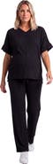 24seven Comfort Apparel Maternity Basic Ribbed Knit Dolman Sleeve V-Neck Top and Drawstring Wide Leg Pant Set