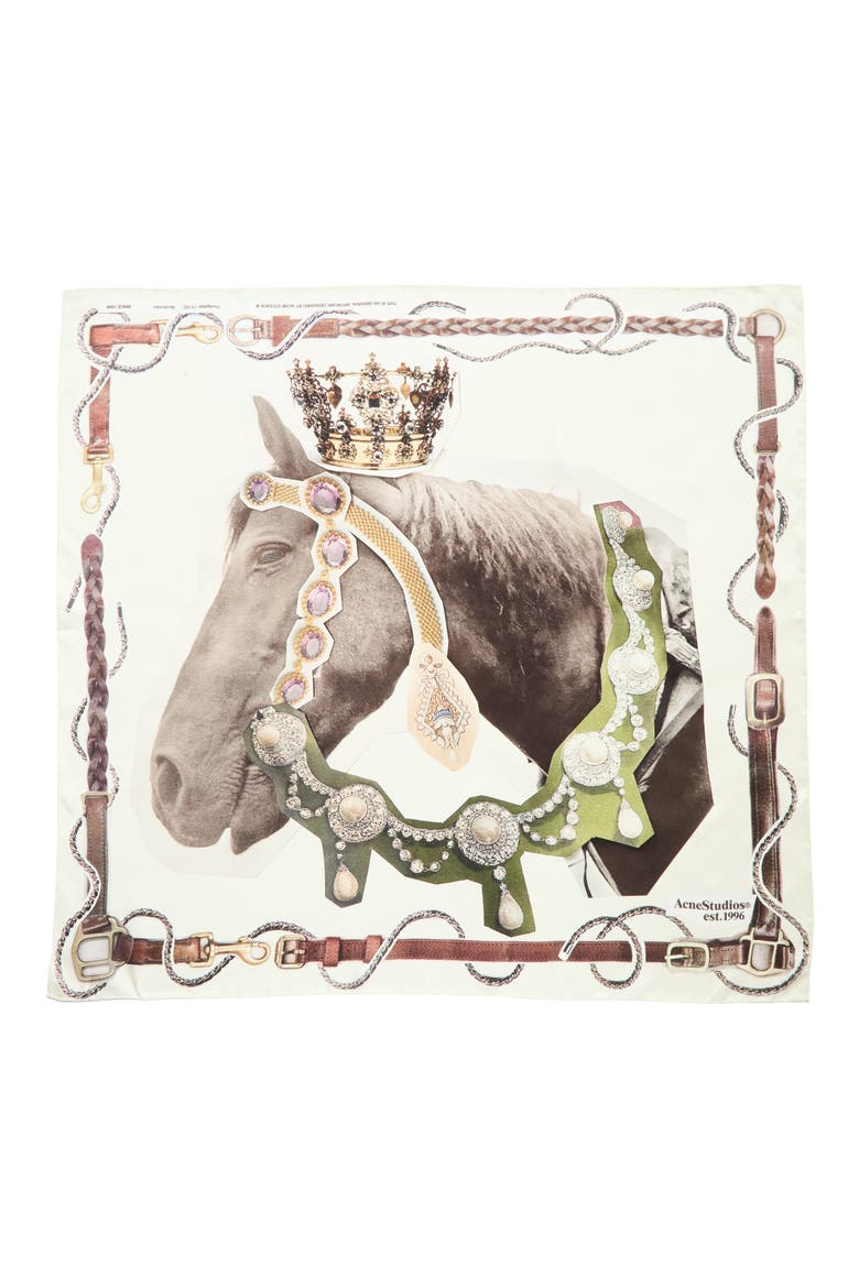 Volta Horse & Belt Print Square Organic Silk Scarf, Alternate, color, BROWN/ WHITE