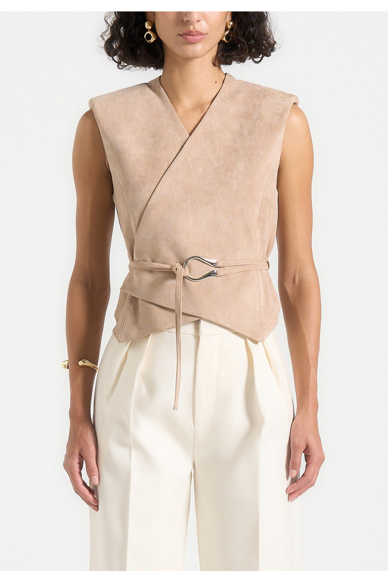 Jeanne Belted Wrap Suede Waistcoat, Alternate, color, Taupe