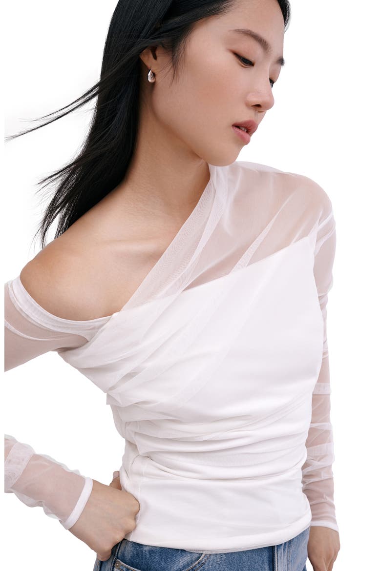 Monroe One-Shoulder Mesh Overlay Top, Alternate, color, OFF WHITE