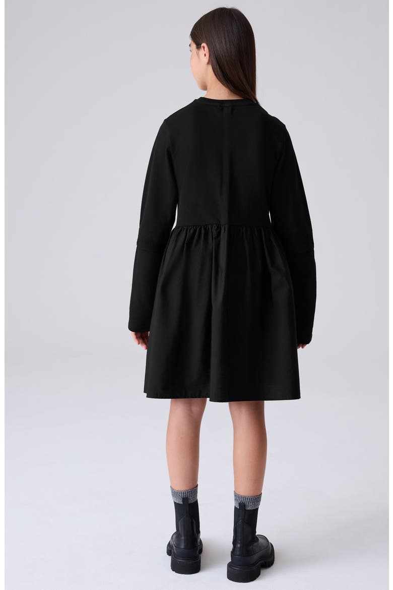 Kids' Long Sleeve Mixed Media Cotton T-Shirt Dress, Alternate, color, BLACK
