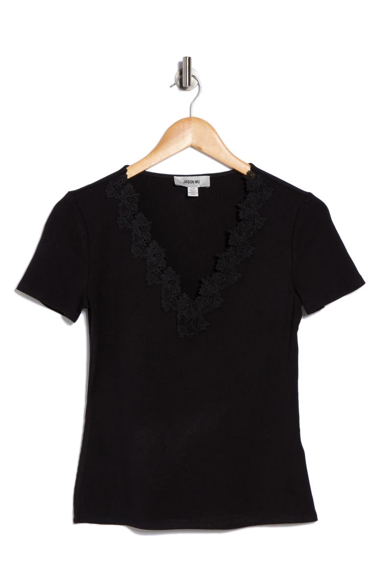 JASON WU Lace Trim V-Neck T-Shirt, Alternate, color, Black