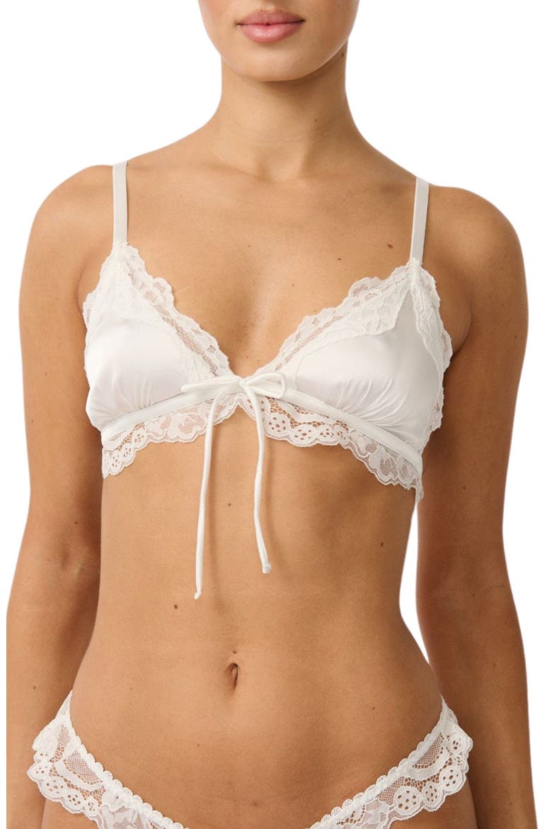 Madeline Ruffle Trim Satin Bralette, Main, color, IVORY