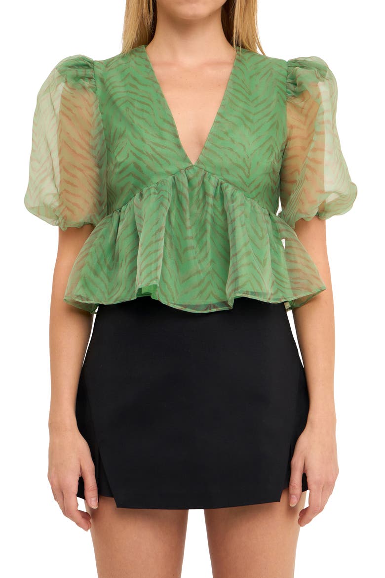Zebra Print Puff Sleeve Crop Top, Alternate, color, GREEN MULTI