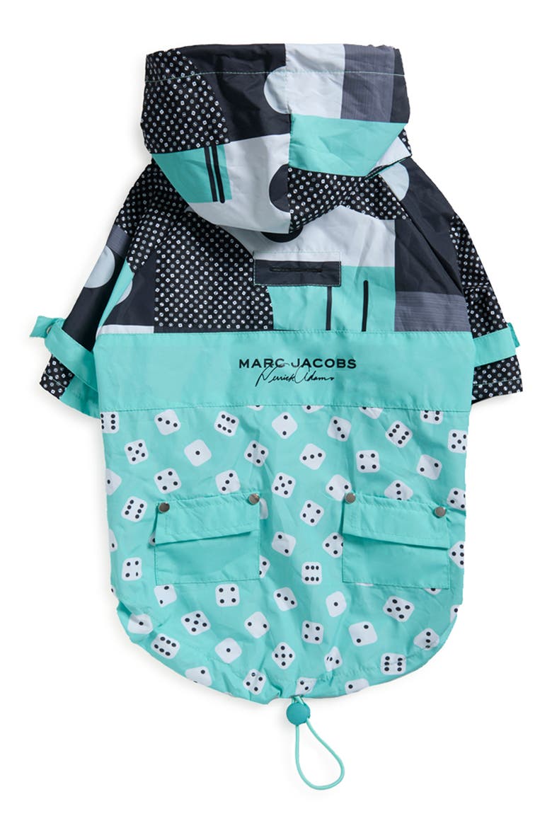 x Marc Jacobs Talon Water Repellent Dog Raincoat, Main, color, AQUA / BLACK