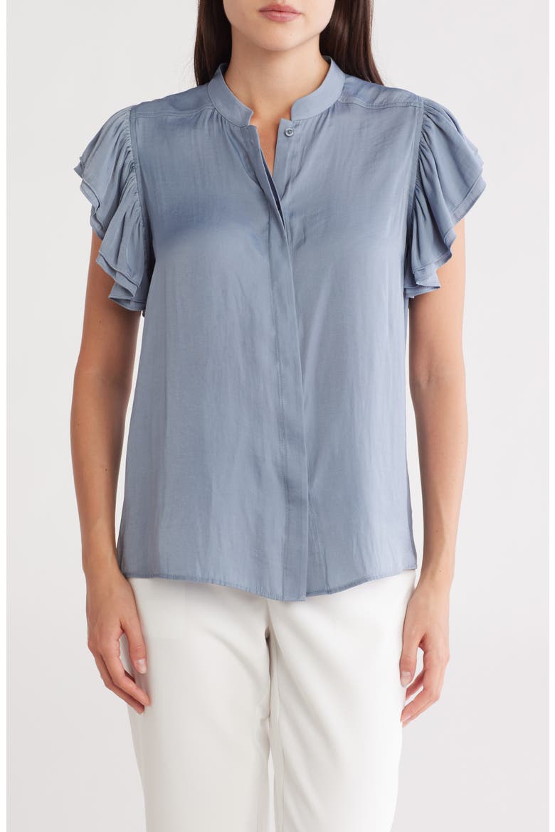 Ruffle Sleeve Button-Up Shirt, Main, color, PETROL BLUE