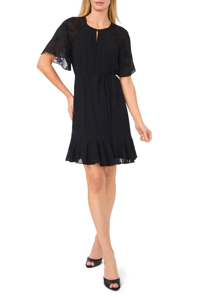 Flutter Sleeve Tie Waist Dress, Main, color, RICH BLACK