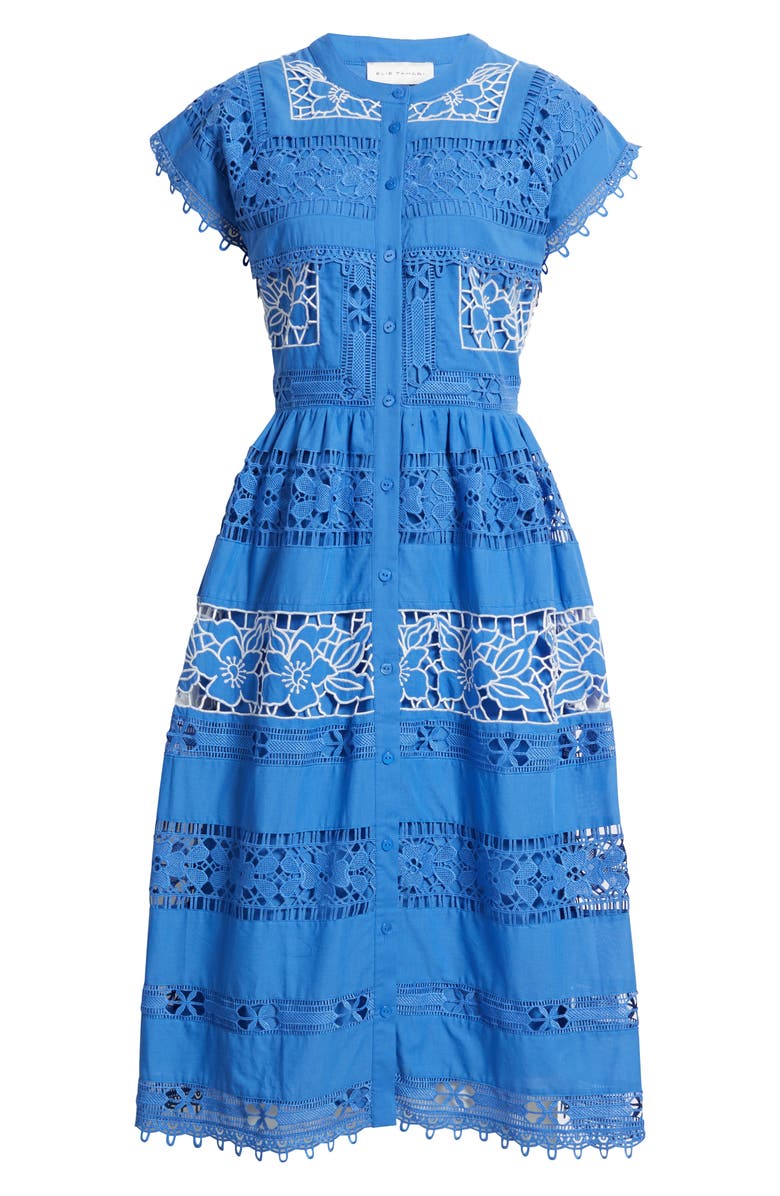 Elie Tahari The Ava Eyelet Midi Dress, Main, color, Seaport Blue