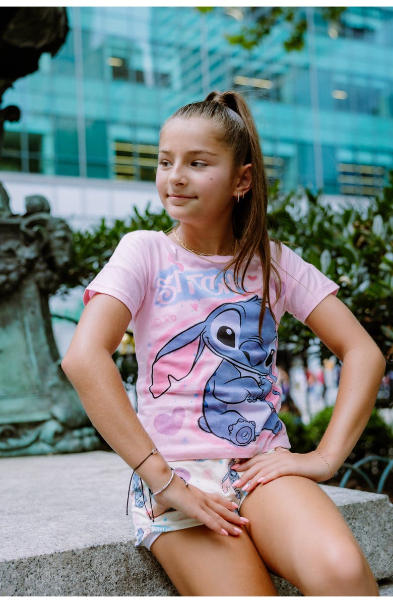 Disney Airbrush Graphic Short Sleeve Tee and French Terry Dolphin Shorts Outfit, Alternate, color, Stitch Pink Blue