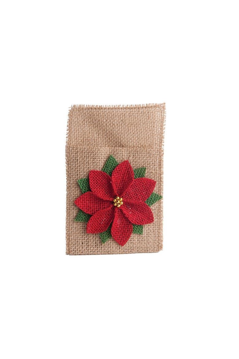 Poinsettia Jute Christmas Flatware Utensil Holder, Main, color, Brown