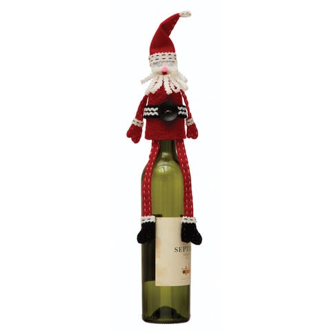 Fabric & Wool Felt Santa Bottle Topper with Embroidery & Applique, Multicolor