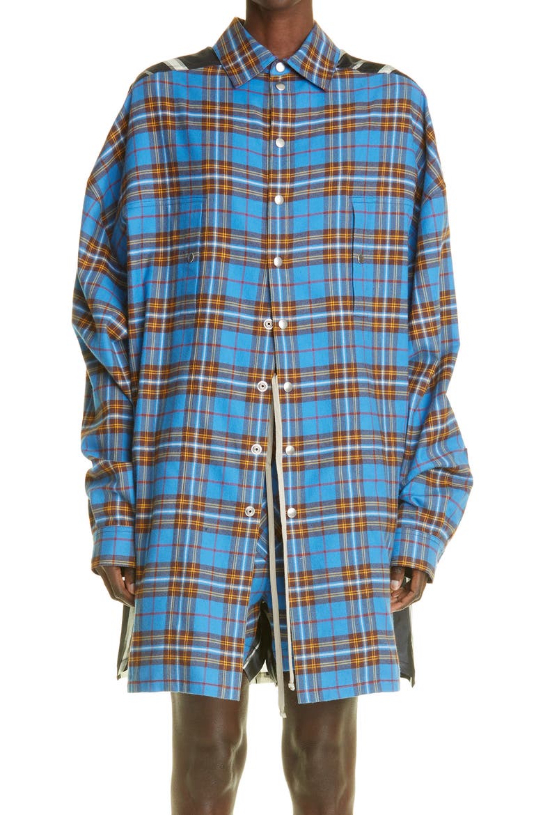 Tommy Plaid Oversize Mixed Media Overshirt, Main, color, BLUE PLAID/ BLACK/ MILK