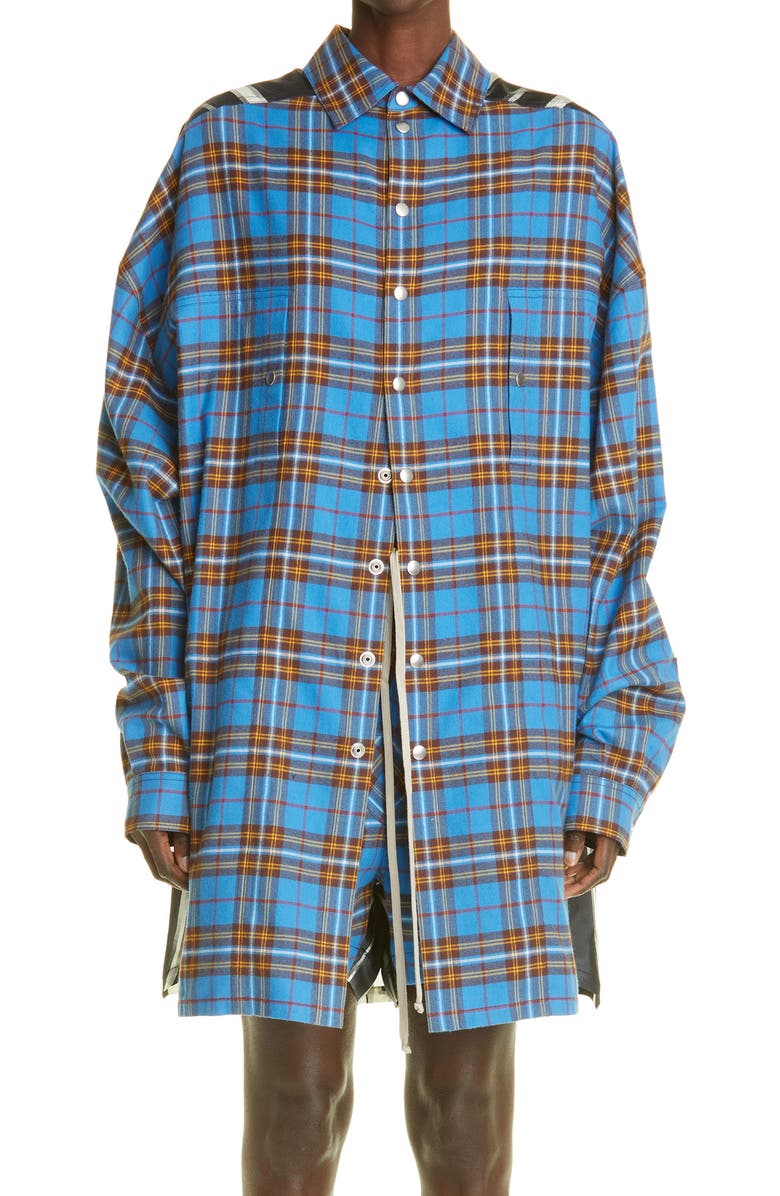 Rick Owens Tommy Plaid Oversize Mixed Media Overshirt, Main, color,