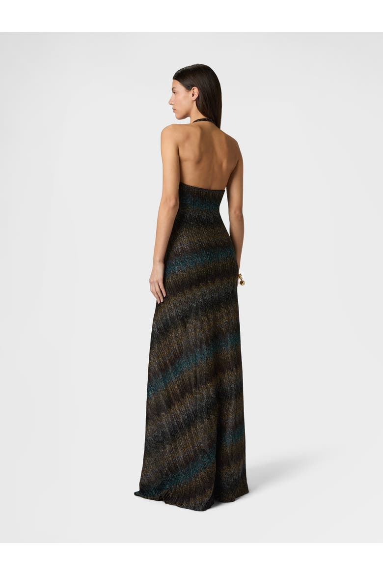Long Dress With Halterneck In Viscose Lamé Snake Motif, Alternate, color, Dark Blue