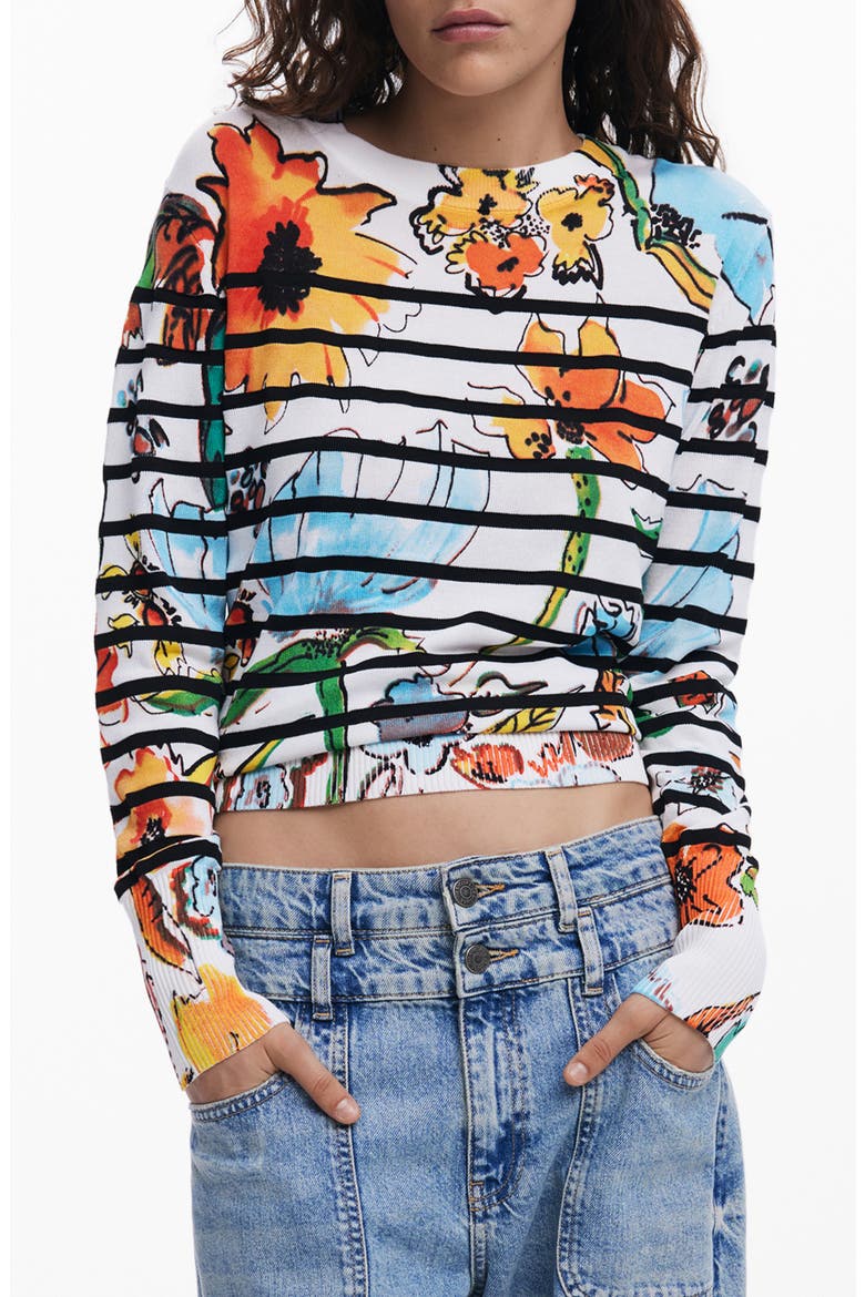 Stripe Floral Sweater, Main, color, WHITE MULTI